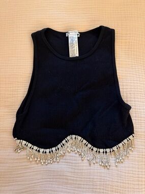 Zara Black Ribbed Crop Tank with Beaded Fringe